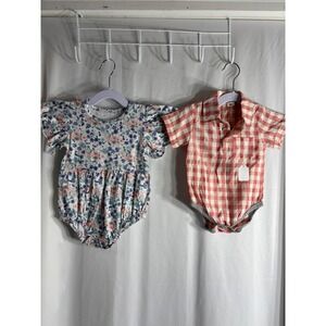 Baby Girl Bodysuit Romper Floral Gingham‎ Red White Plaid Set 2T NEW